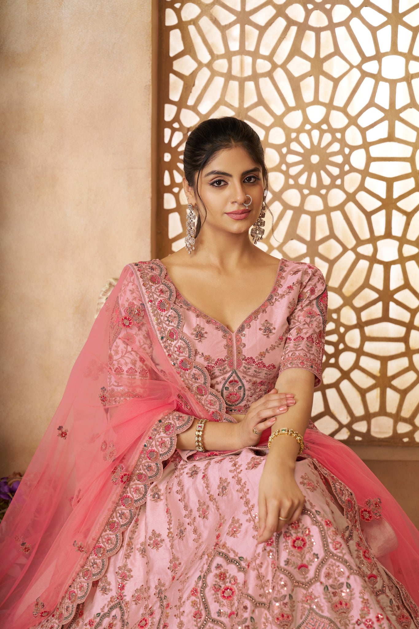 PINK SILK WEDDING LEHENGA CHOLI WITH DELICATE EMBROIDERY