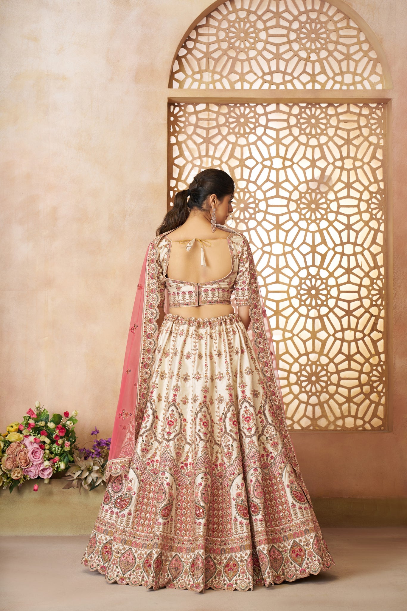 WHITE IMPERIAL PATTERN EMBROIDERED BRIDAL LEHENGA – WHIMSICAL DESIGN