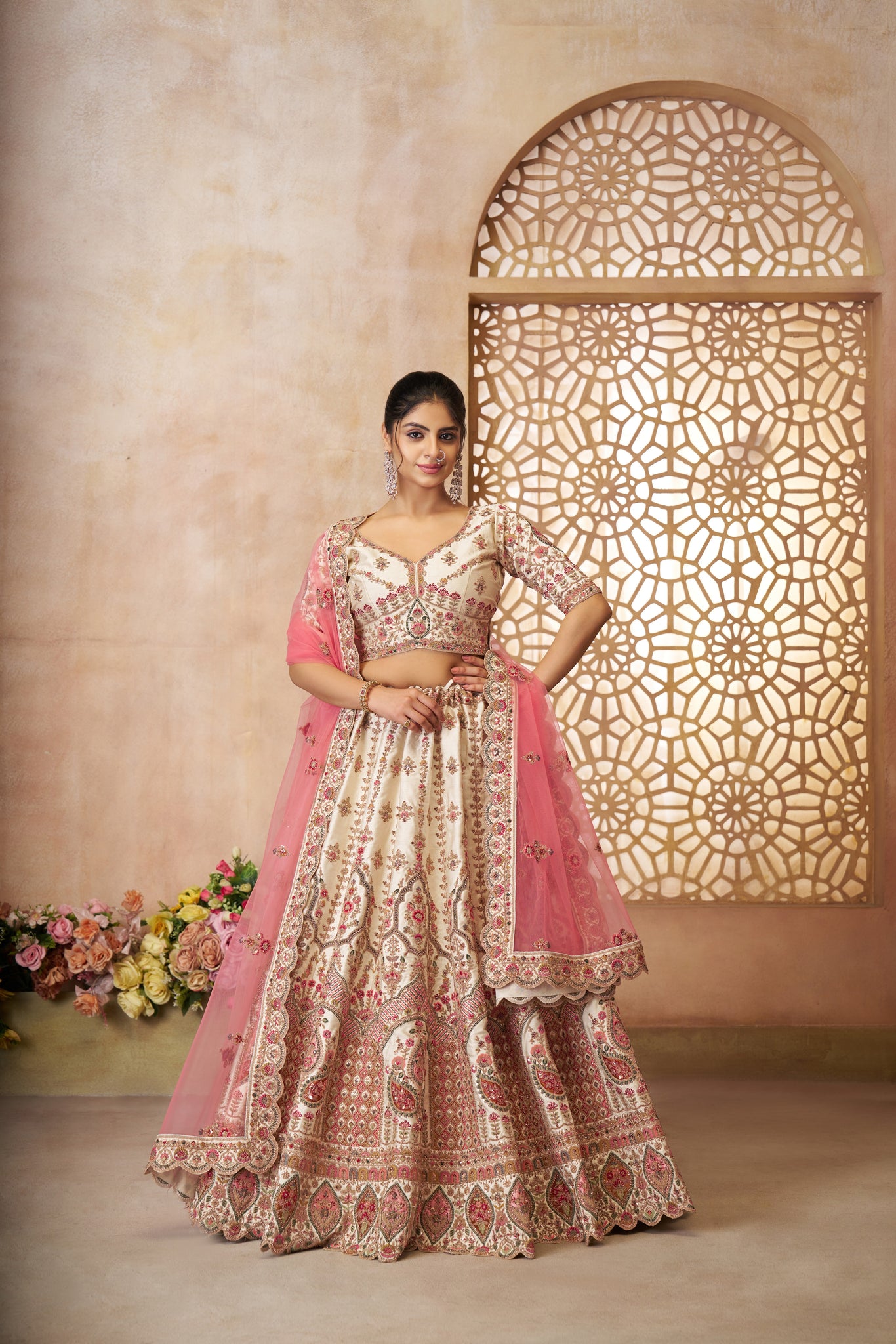 WHITE IMPERIAL PATTERN EMBROIDERED BRIDAL LEHENGA – WHIMSICAL DESIGN