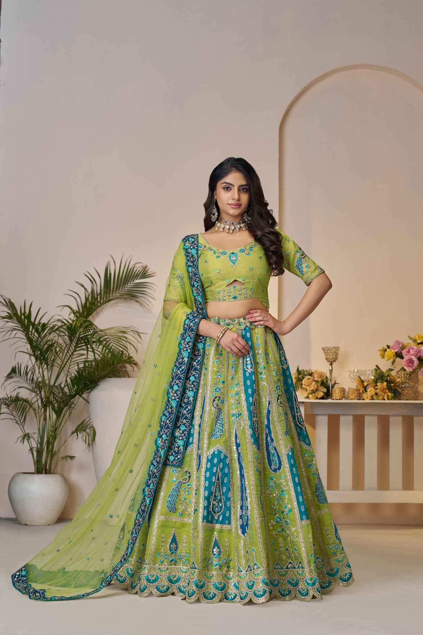 PREMIUM GREEN SOFT NET BRIDAL LEHENGA WITH PAISLEY & PEACOCK EMBROIDERY