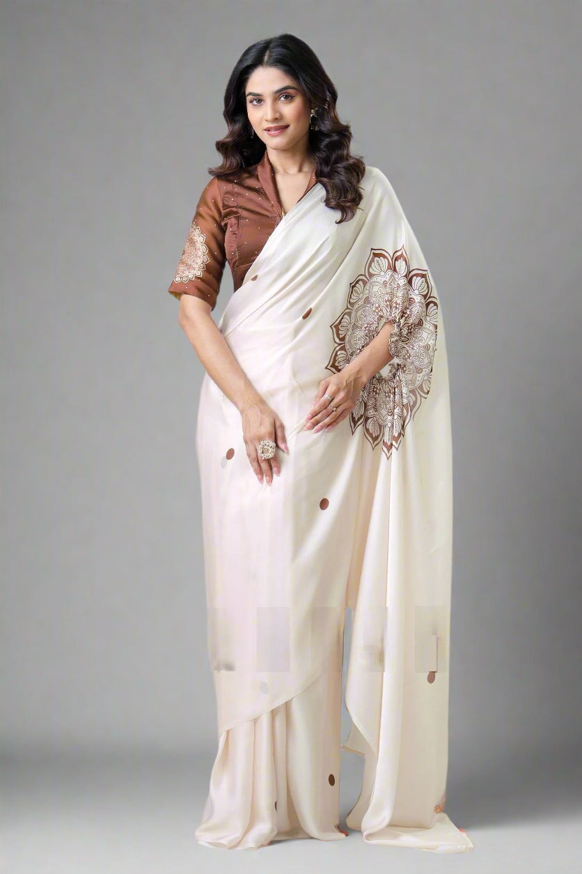 Cream Satin Silk Saree