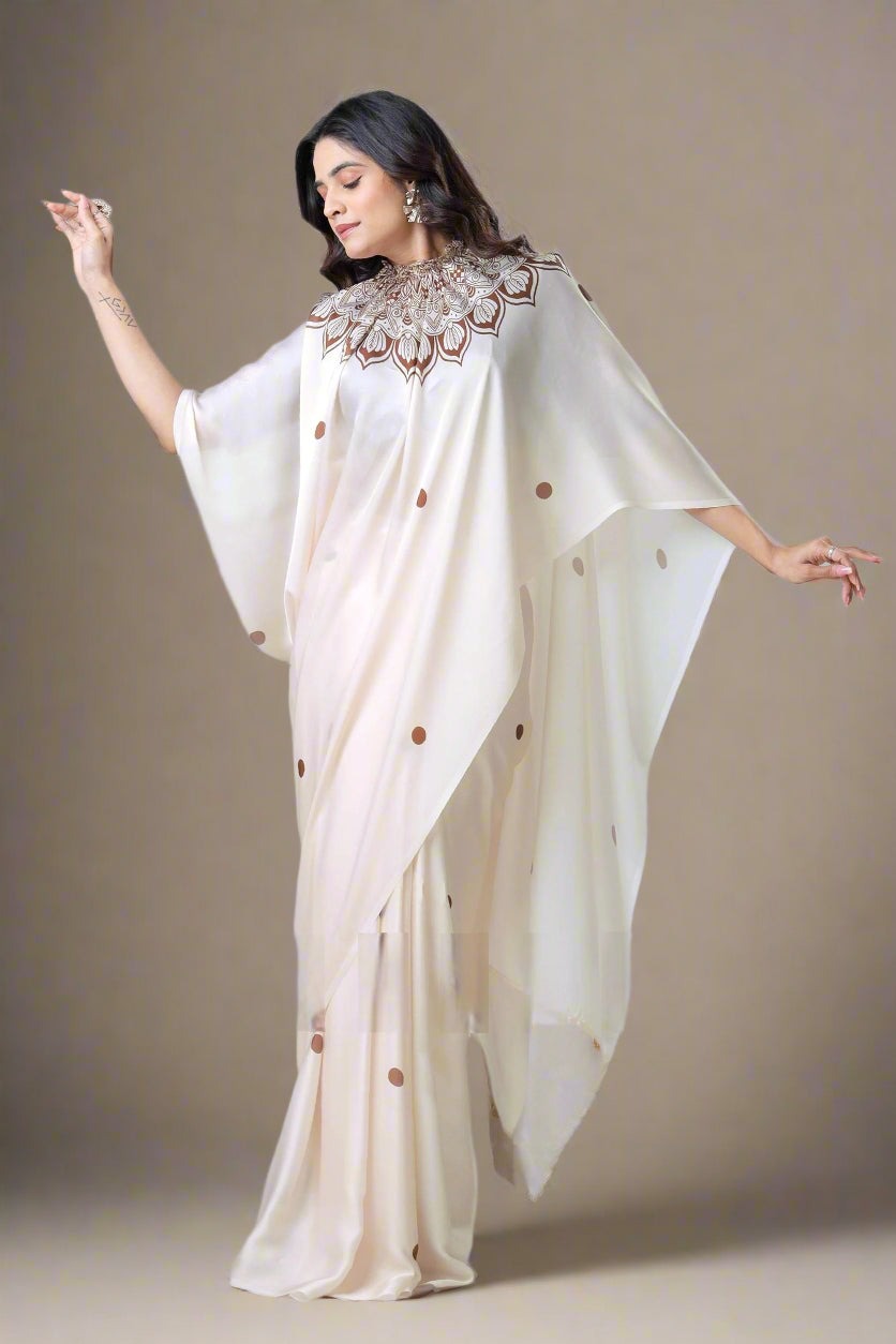 Cream Satin Silk Saree
