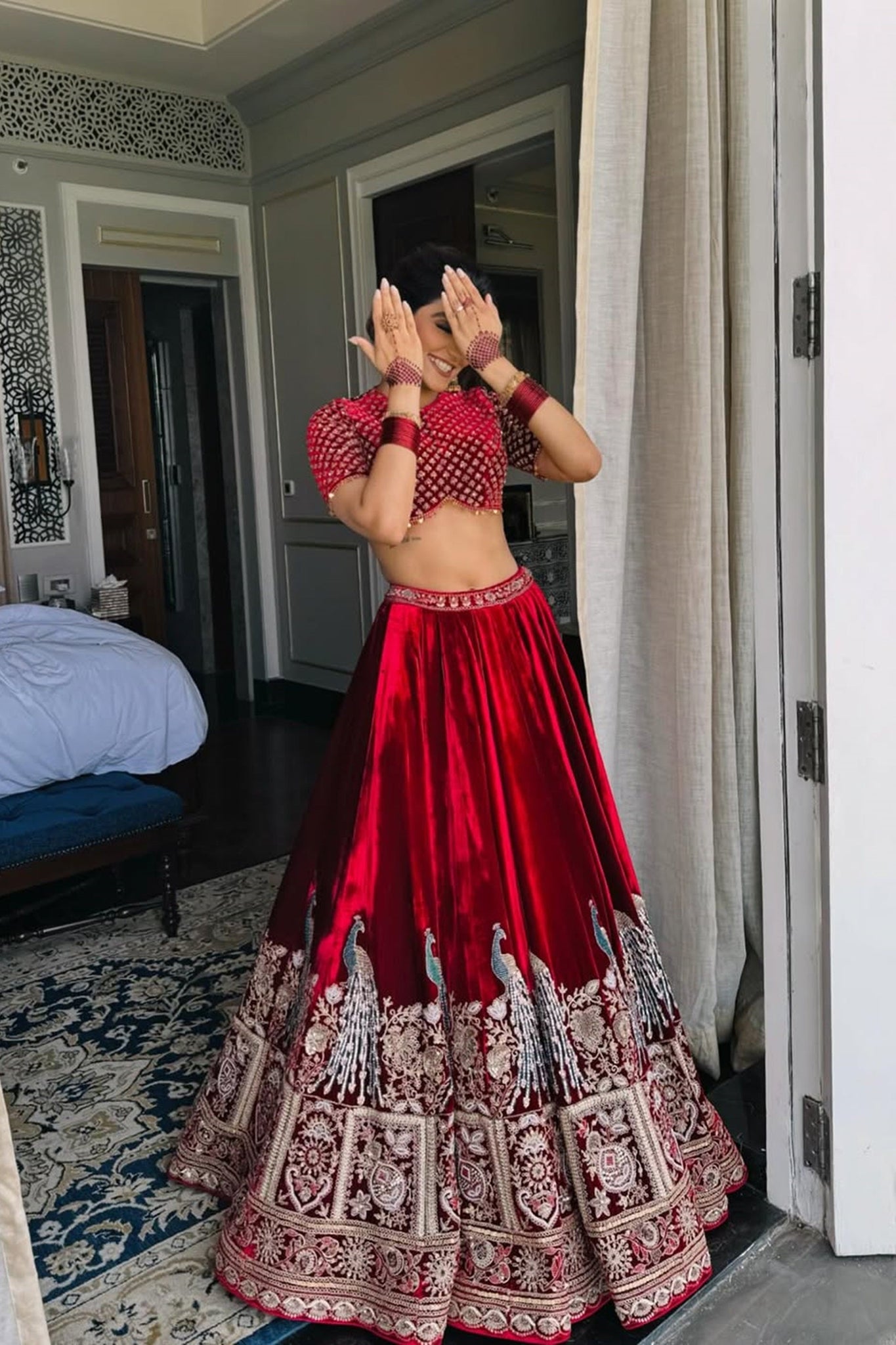 RED VELVET BOLLYWOOD BRIDAL LEHENGA CHOLI - Main Image