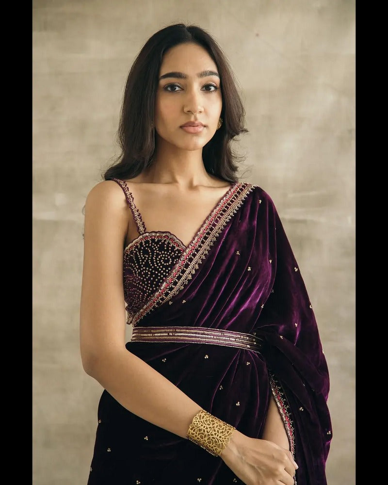 PLUM SILK VELVET EMBROIDERED SAREE