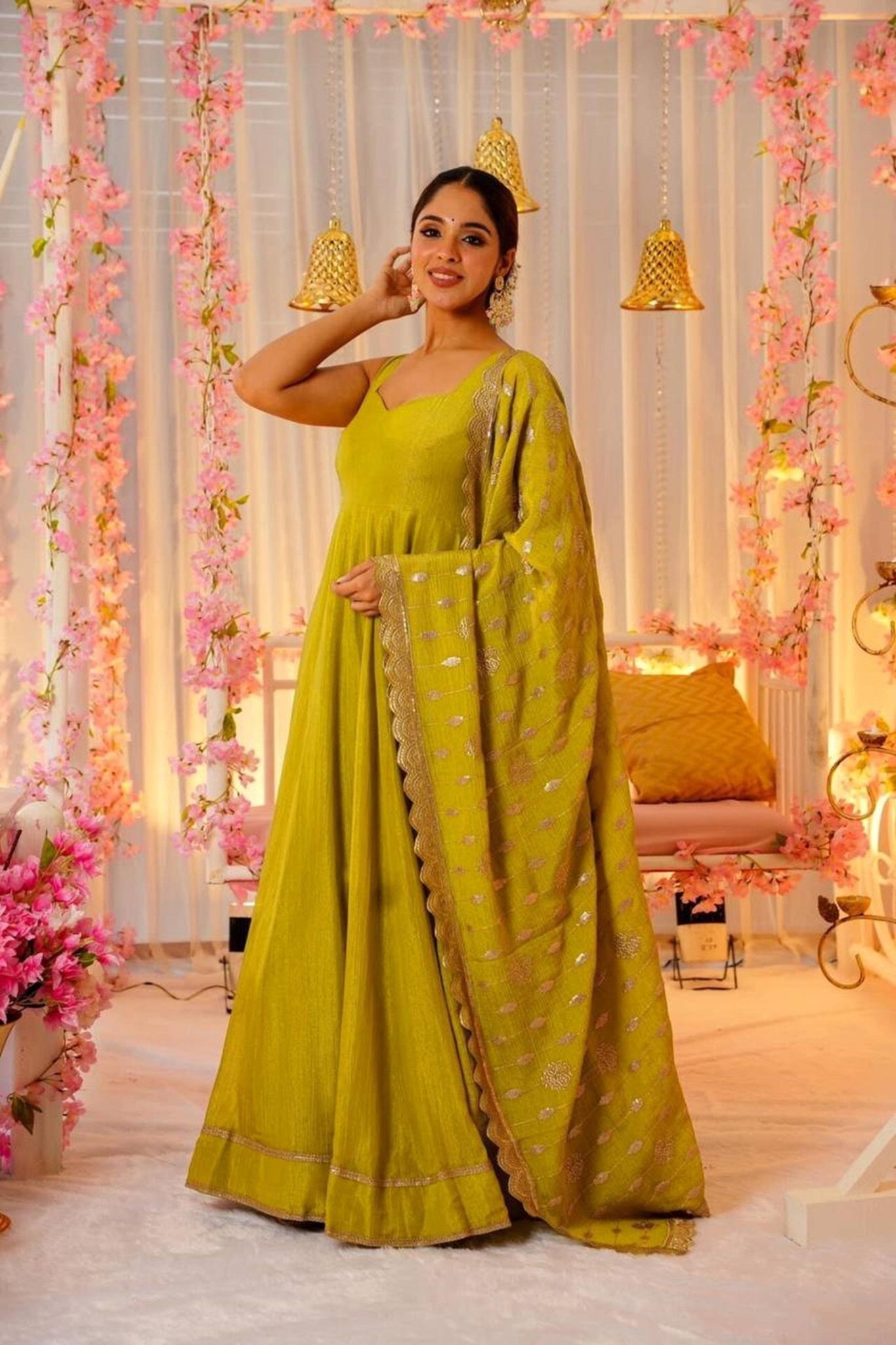 LEMON YELLOW ROMAN SILK ANARKALI SUIT