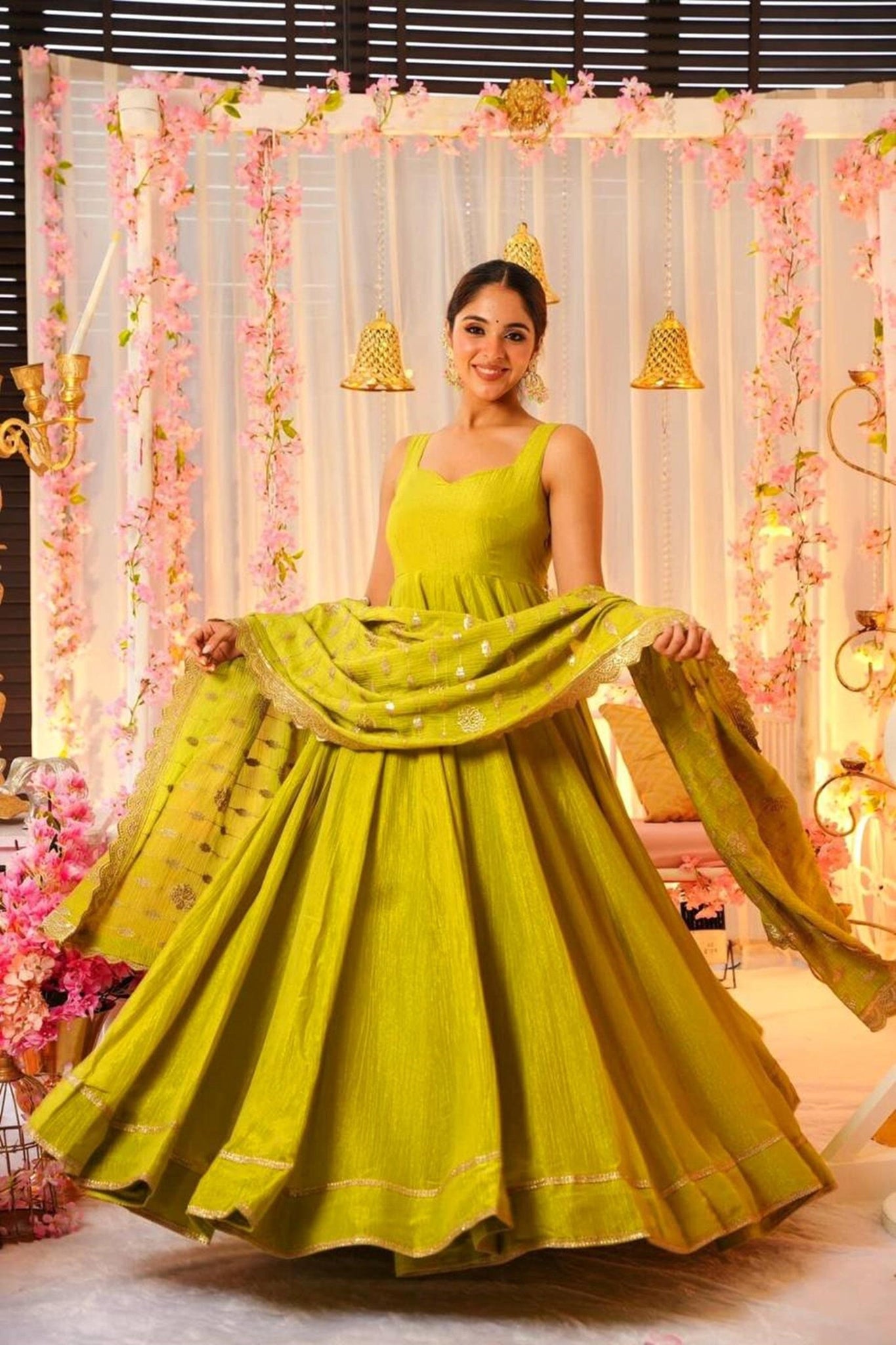 LEMON YELLOW ROMAN SILK ANARKALI SUIT