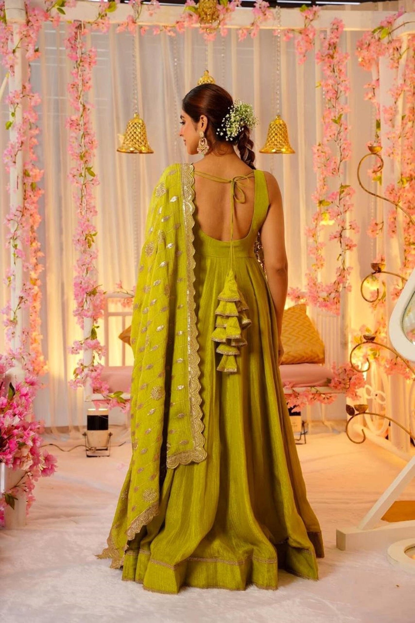 LEMON YELLOW ROMAN SILK ANARKALI SUIT