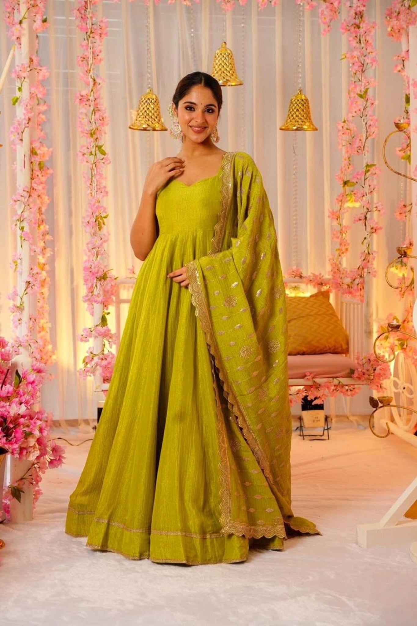 LEMON YELLOW ROMAN SILK ANARKALI SUIT