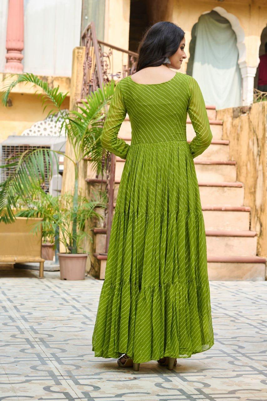 NAVRATRI SPECIAL PARROT GREEN LAHERIYA ANARKALI GOWN WITH KUTCHI WORK