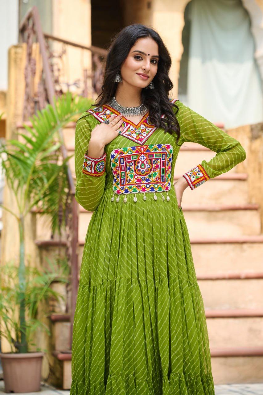 NAVRATRI SPECIAL PARROT GREEN LAHERIYA ANARKALI GOWN WITH KUTCHI WORK