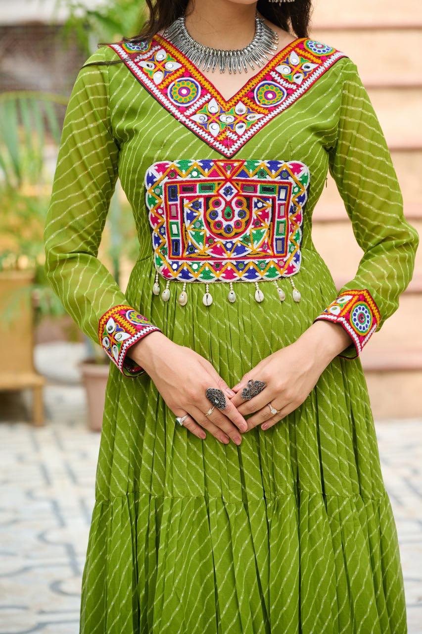 NAVRATRI SPECIAL PARROT GREEN LAHERIYA ANARKALI GOWN WITH KUTCHI WORK