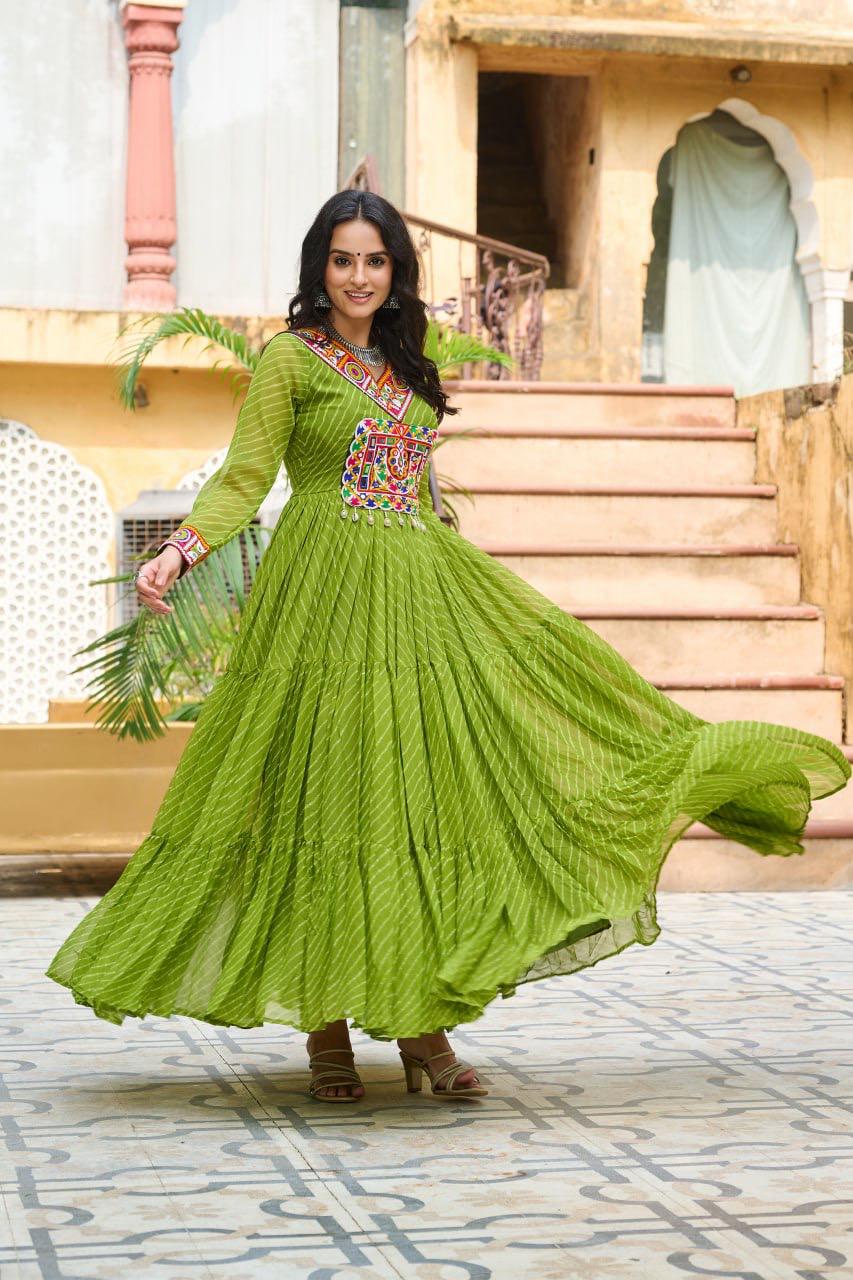 NAVRATRI SPECIAL PARROT GREEN LAHERIYA ANARKALI GOWN WITH KUTCHI WORK