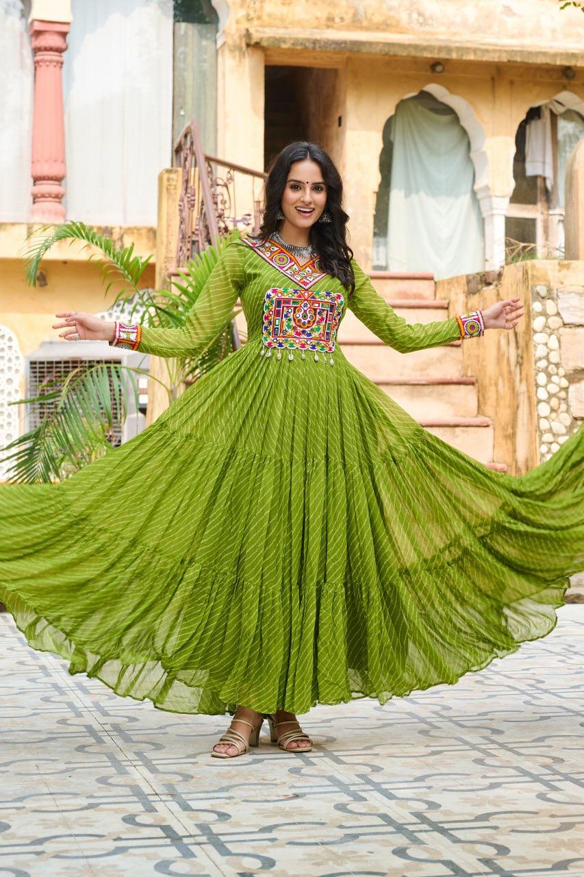 NAVRATRI SPECIAL PARROT GREEN LAHERIYA ANARKALI GOWN WITH KUTCHI WORK