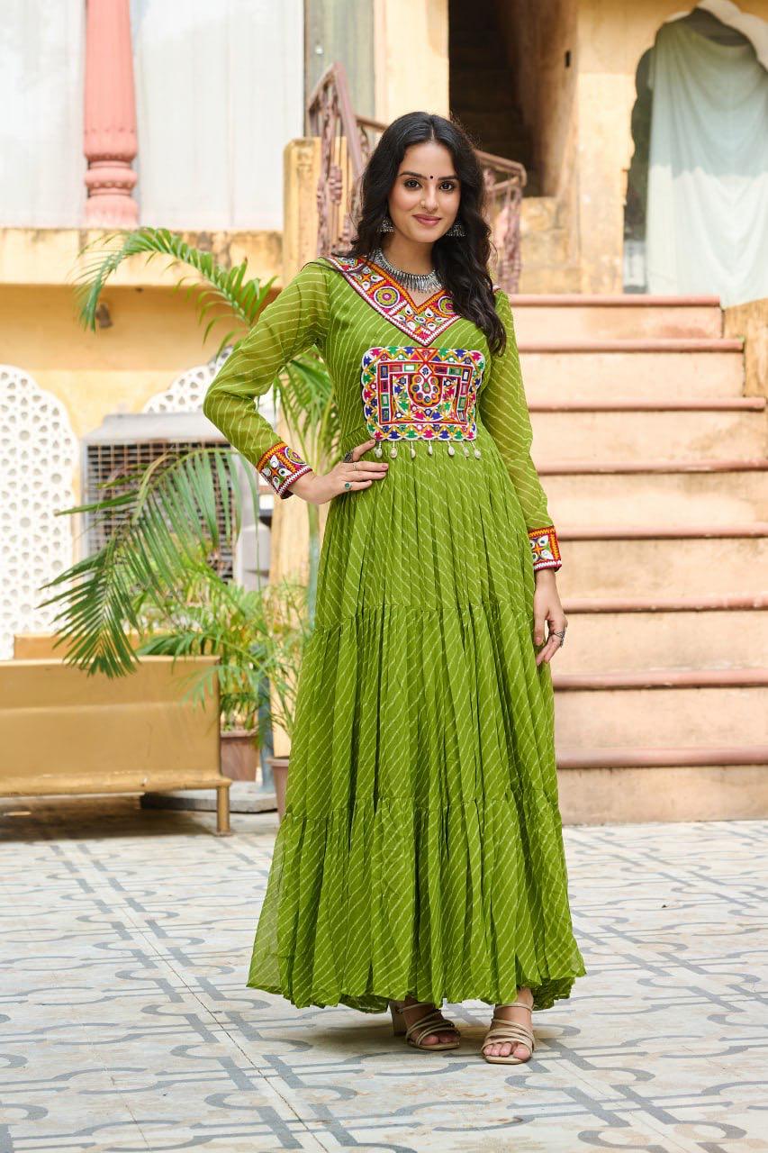 NAVRATRI SPECIAL PARROT GREEN LAHERIYA ANARKALI GOWN WITH KUTCHI WORK