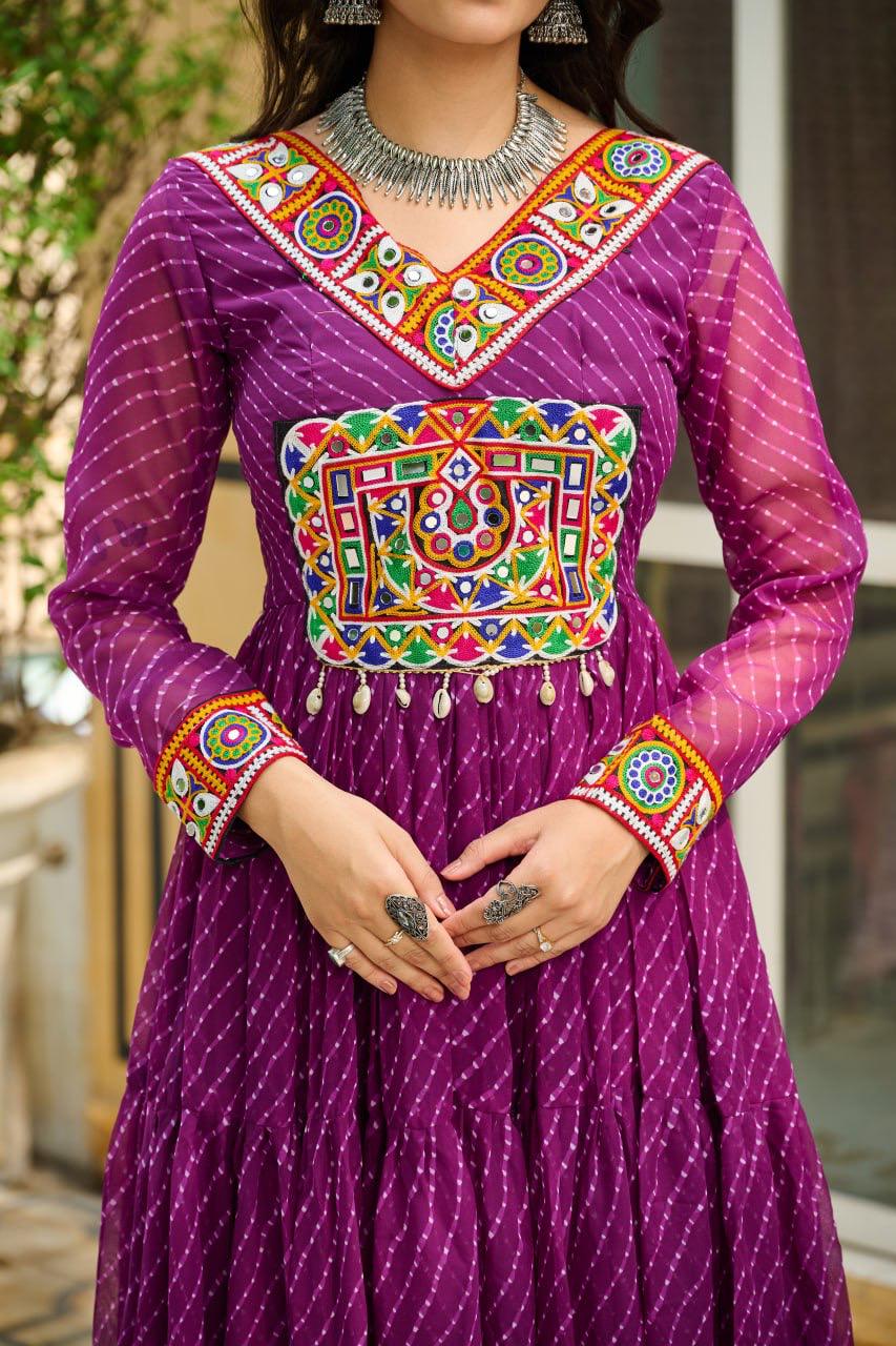 NAVRATRI SPECIAL WINE LAHERIYA ANARKALI GOWN WITH KUTCHI WORK