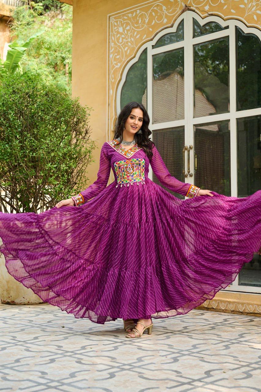 NAVRATRI SPECIAL WINE LAHERIYA ANARKALI GOWN WITH KUTCHI WORK