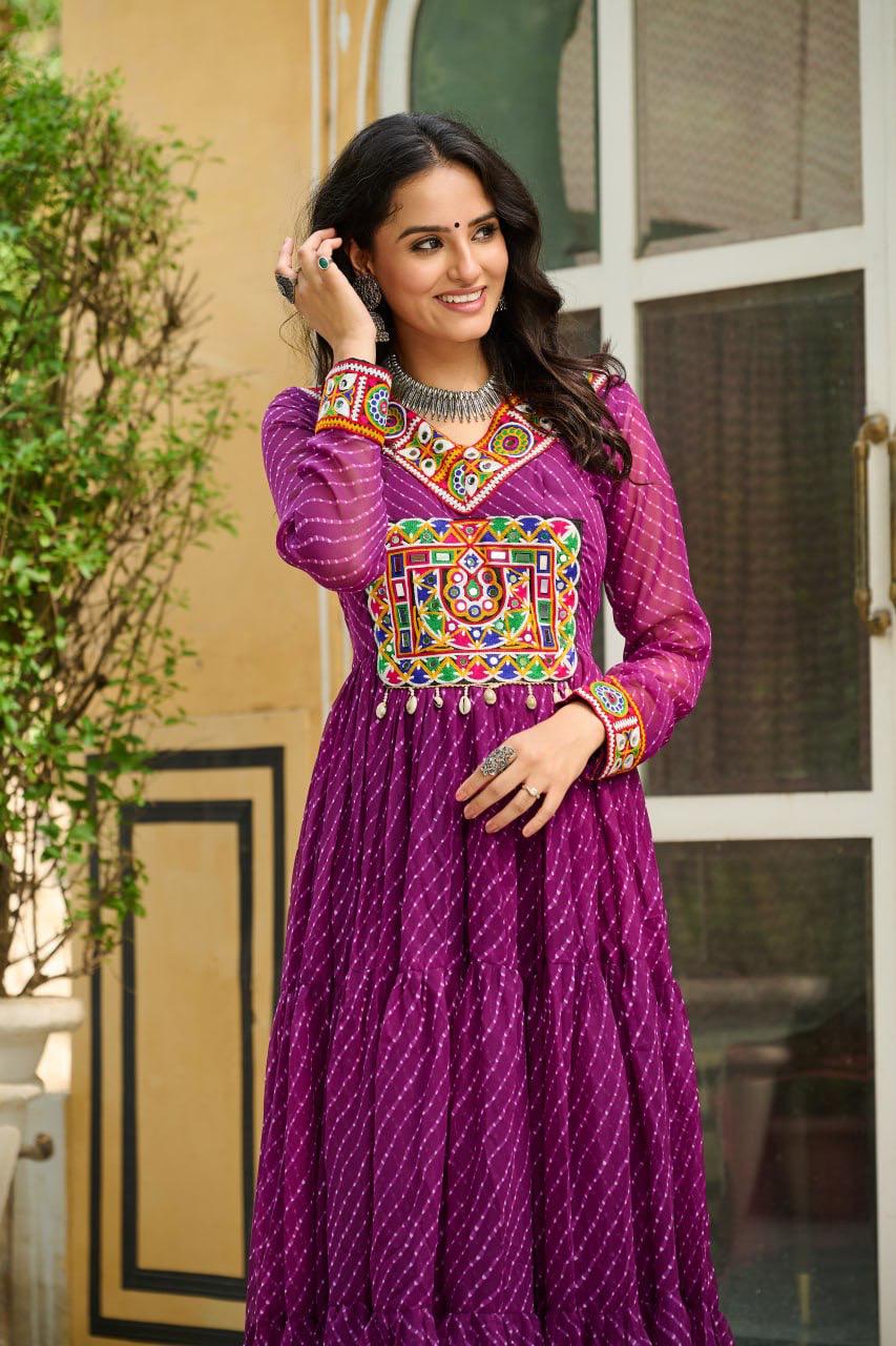 NAVRATRI SPECIAL WINE LAHERIYA ANARKALI GOWN WITH KUTCHI WORK