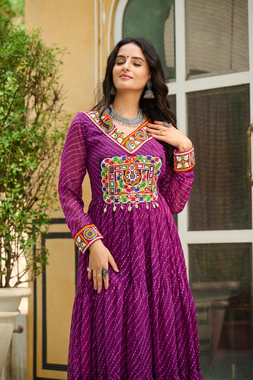 NAVRATRI SPECIAL WINE LAHERIYA ANARKALI GOWN WITH KUTCHI WORK