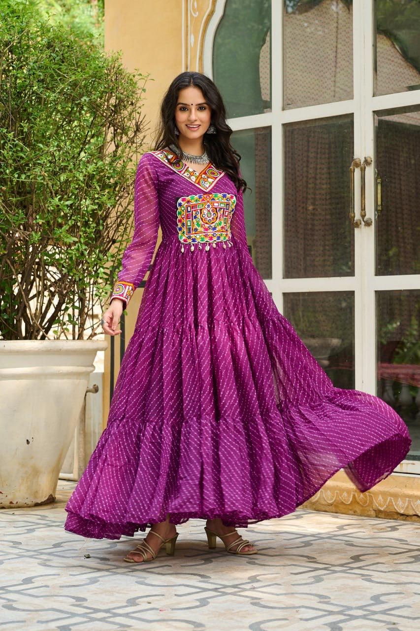 NAVRATRI SPECIAL WINE LAHERIYA ANARKALI GOWN WITH KUTCHI WORK