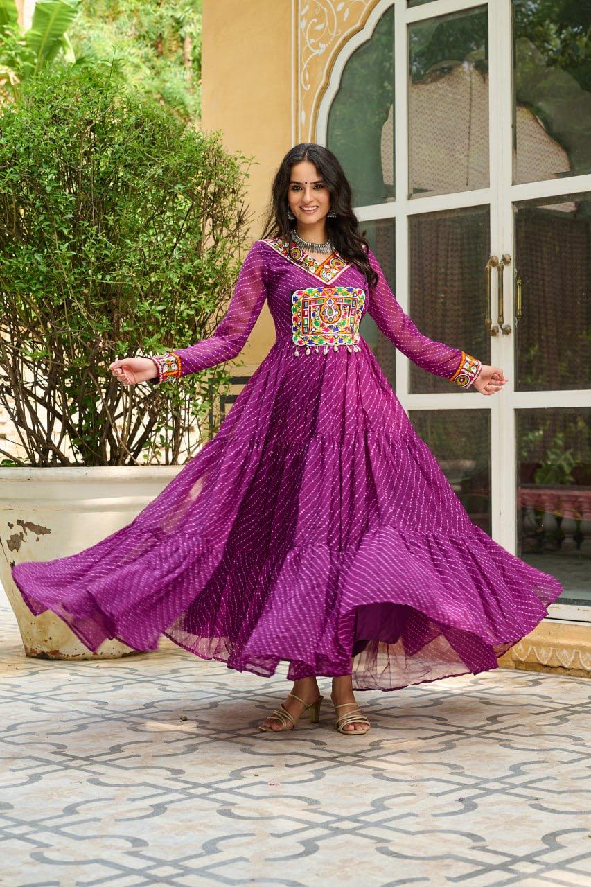 NAVRATRI SPECIAL WINE LAHERIYA ANARKALI GOWN WITH KUTCHI WORK