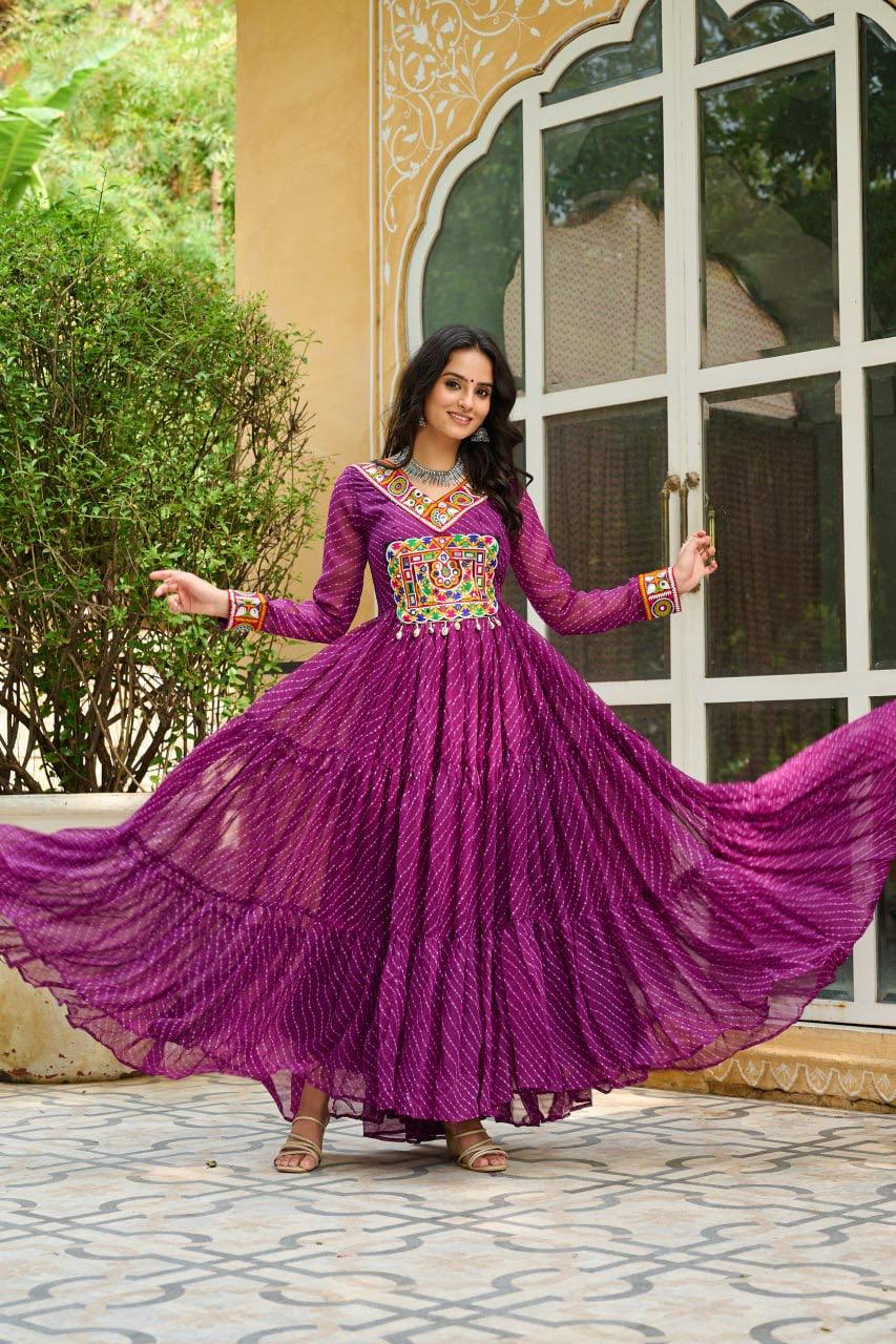 NAVRATRI SPECIAL WINE LAHERIYA ANARKALI GOWN WITH KUTCHI WORK