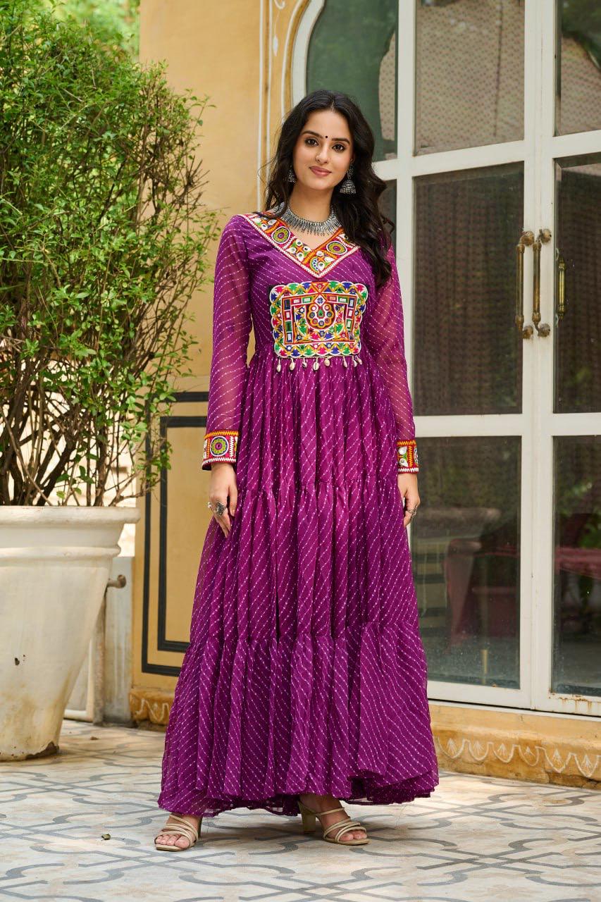 NAVRATRI SPECIAL WINE LAHERIYA ANARKALI GOWN WITH KUTCHI WORK