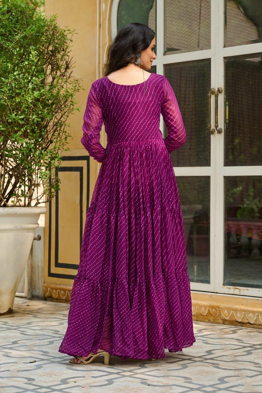 NAVRATRI SPECIAL WINE LAHERIYA ANARKALI GOWN WITH KUTCHI WORK