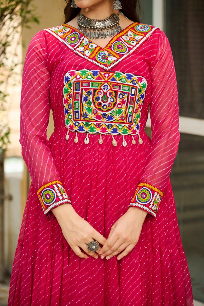 NAVRATRI SPECIAL PINK LAHERIYA ANARKALI GOWN WITH KUTCHI WORK