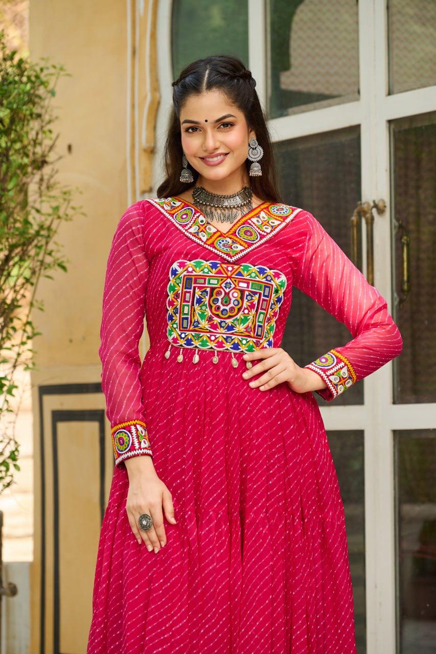 NAVRATRI SPECIAL PINK LAHERIYA ANARKALI GOWN WITH KUTCHI WORK