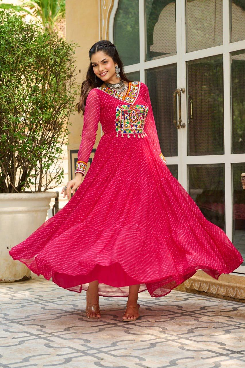 NAVRATRI SPECIAL PINK LAHERIYA ANARKALI GOWN WITH KUTCHI WORK