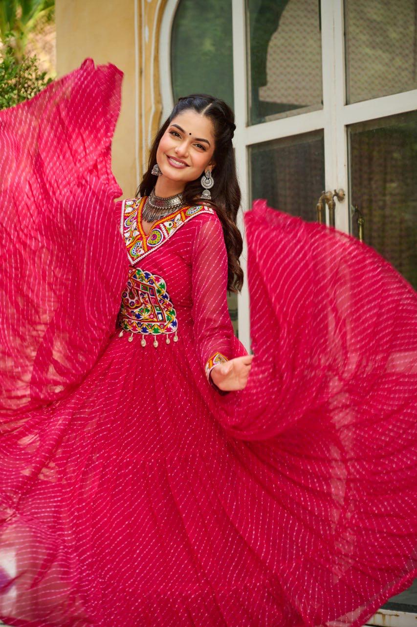 NAVRATRI SPECIAL PINK LAHERIYA ANARKALI GOWN WITH KUTCHI WORK