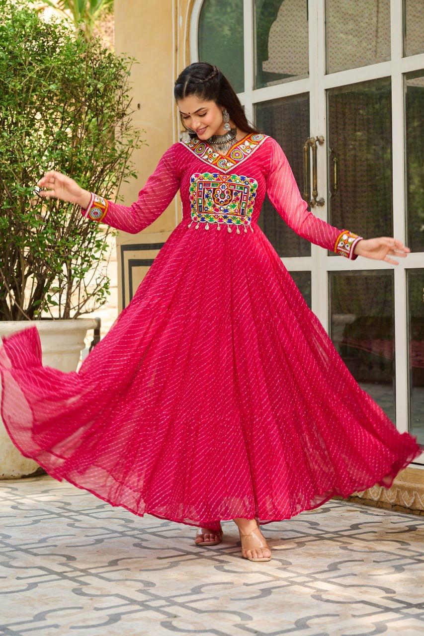 NAVRATRI SPECIAL PINK LAHERIYA ANARKALI GOWN WITH KUTCHI WORK