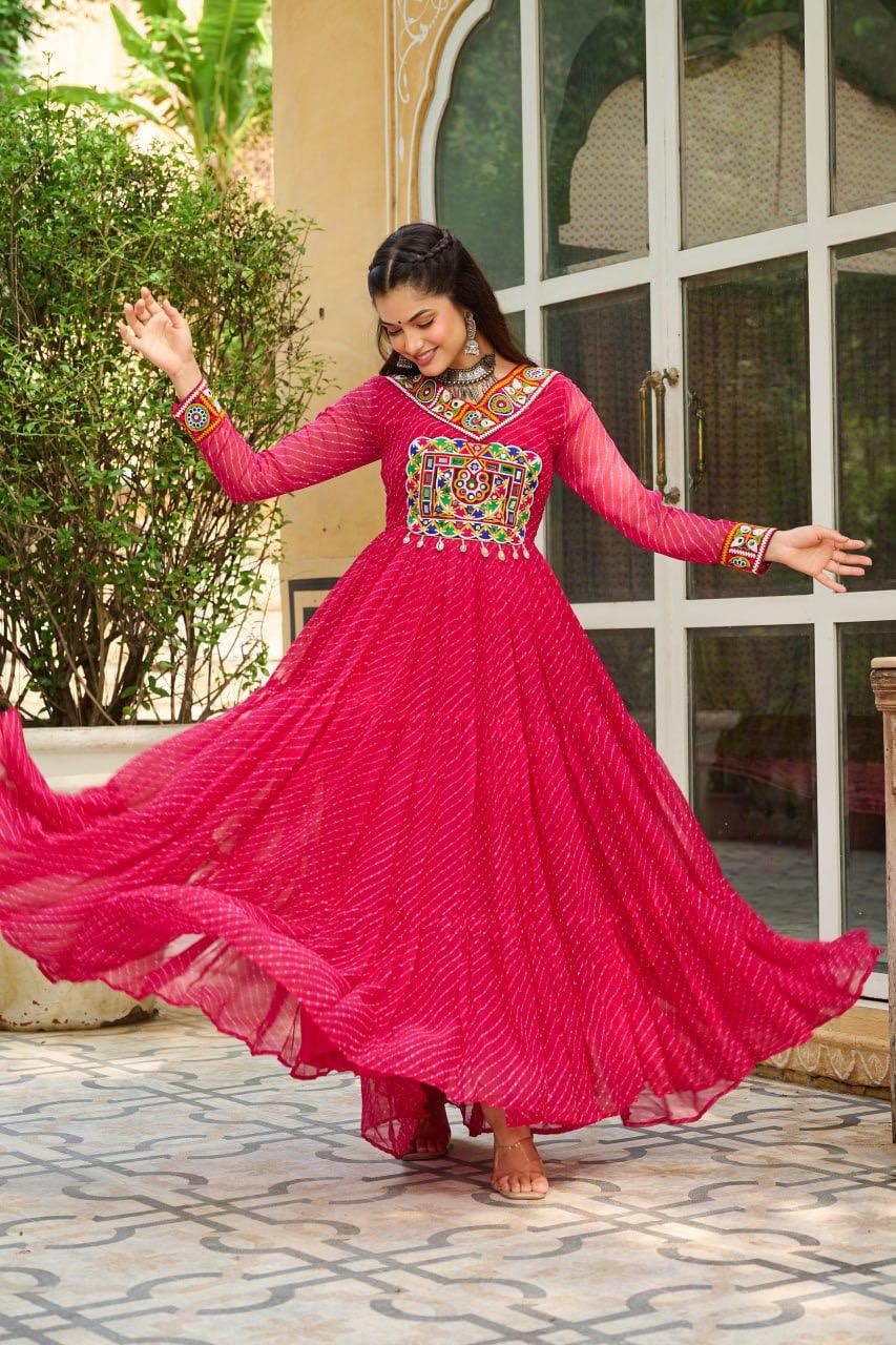 NAVRATRI SPECIAL PINK LAHERIYA ANARKALI GOWN WITH KUTCHI WORK