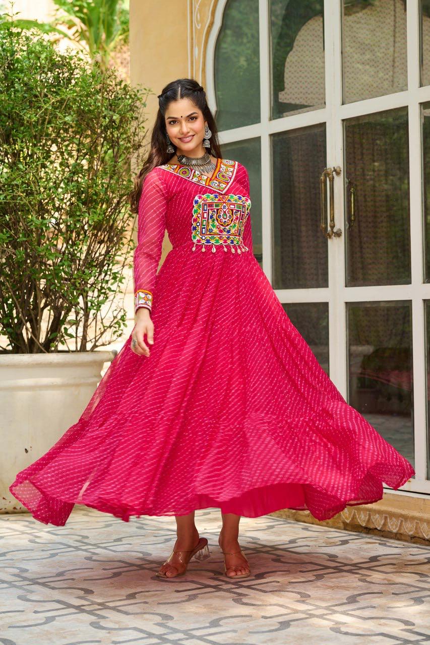 NAVRATRI SPECIAL PINK LAHERIYA ANARKALI GOWN WITH KUTCHI WORK