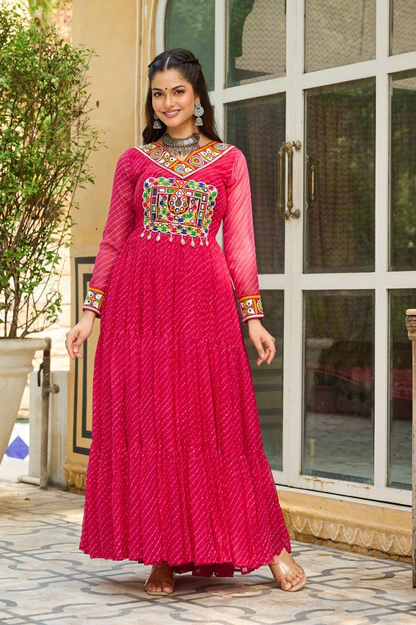 NAVRATRI SPECIAL PINK LAHERIYA ANARKALI GOWN WITH KUTCHI WORK