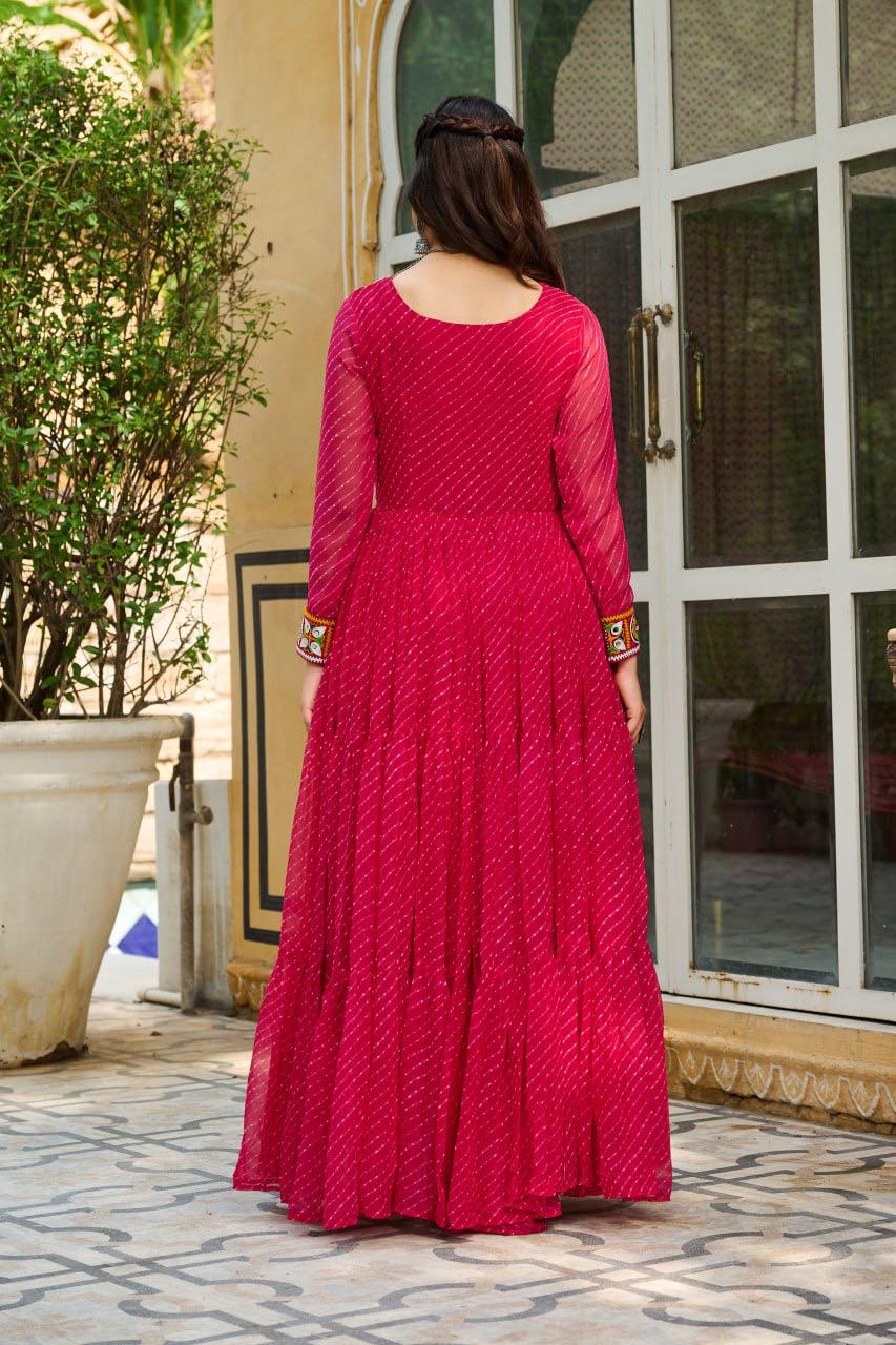 NAVRATRI SPECIAL PINK LAHERIYA ANARKALI GOWN WITH KUTCHI WORK
