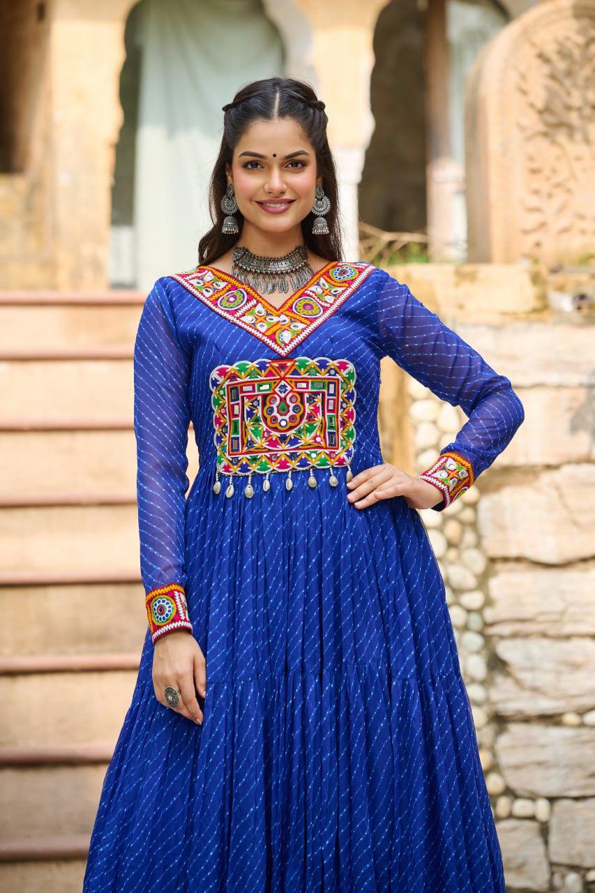 NAVRATRI SPECIAL BLUE LAHERIYA ANARKALI GOWN WITH KUTCHI WORK