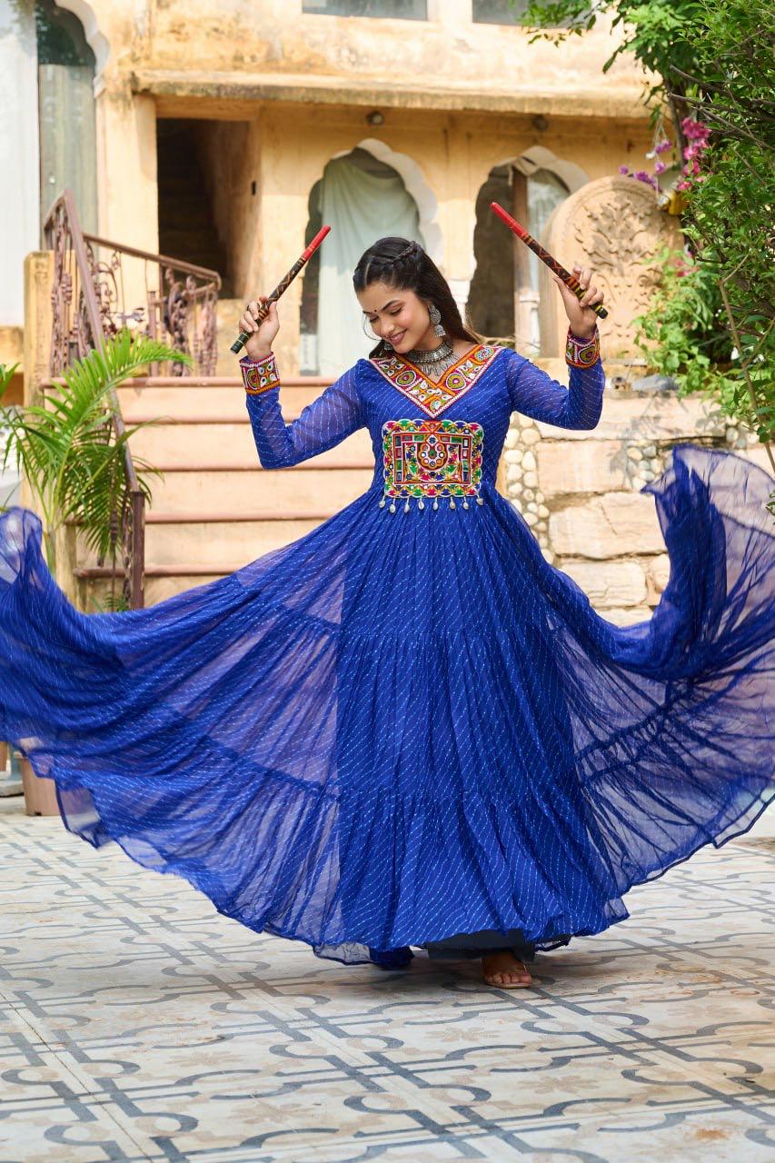 NAVRATRI SPECIAL BLUE LAHERIYA ANARKALI GOWN WITH KUTCHI WORK