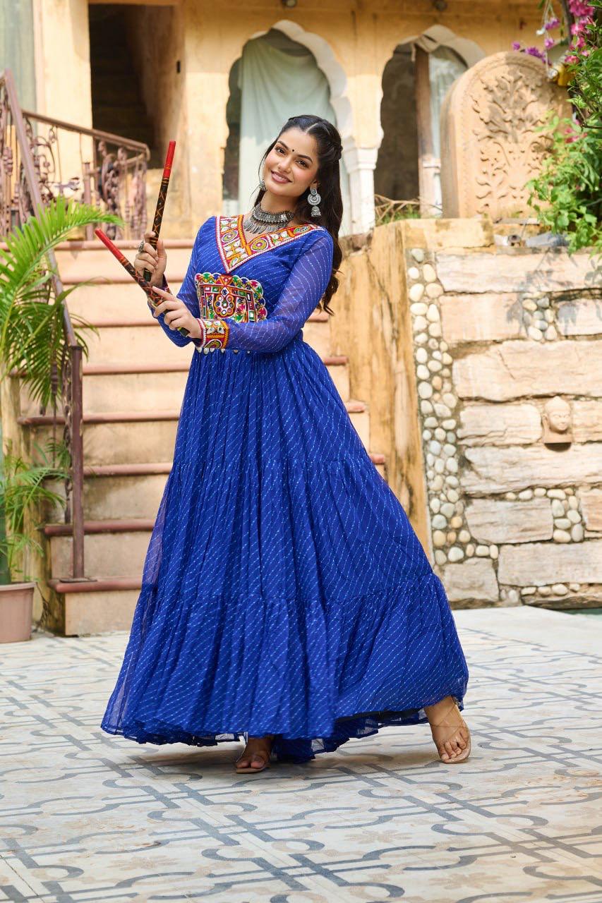 NAVRATRI SPECIAL BLUE LAHERIYA ANARKALI GOWN WITH KUTCHI WORK