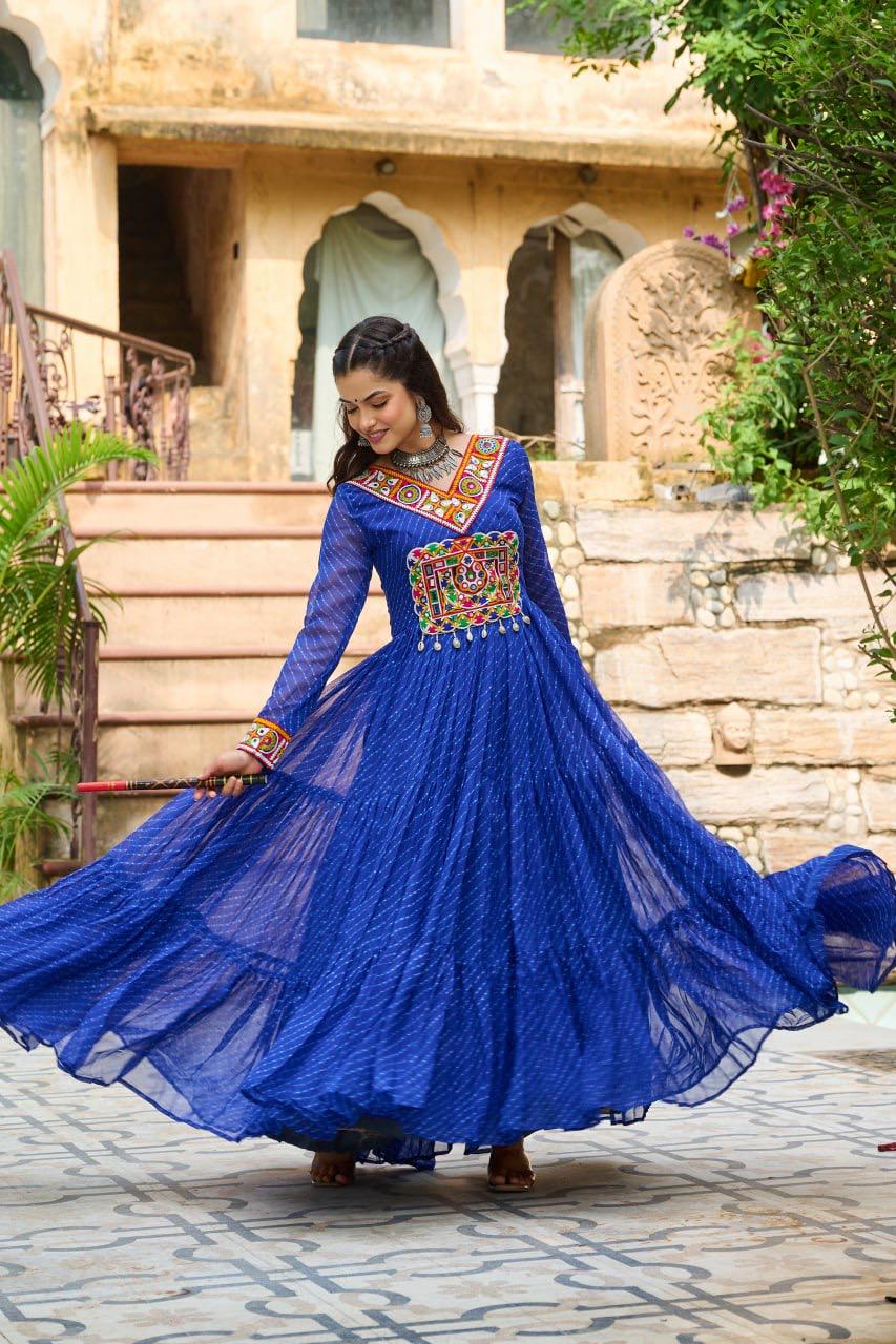 NAVRATRI SPECIAL BLUE LAHERIYA ANARKALI GOWN WITH KUTCHI WORK