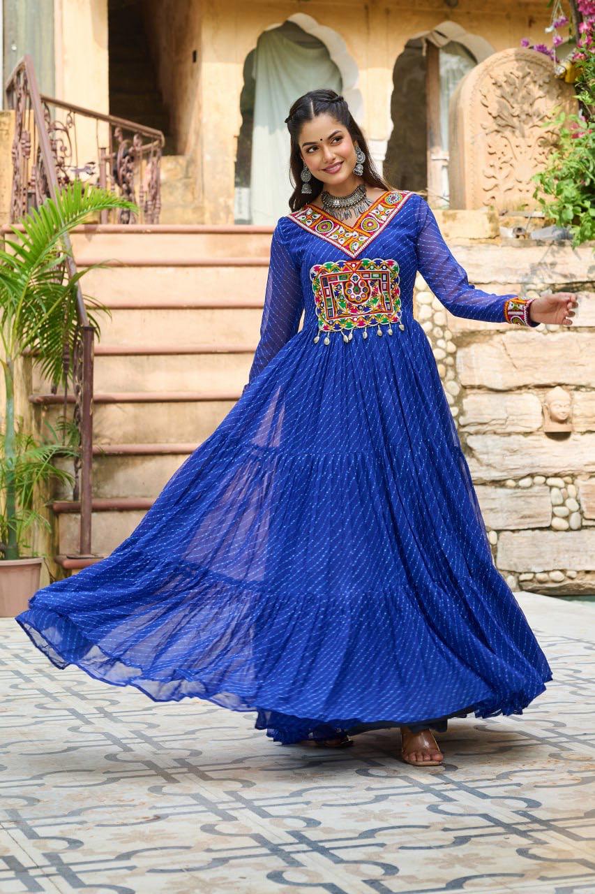 NAVRATRI SPECIAL BLUE LAHERIYA ANARKALI GOWN WITH KUTCHI WORK