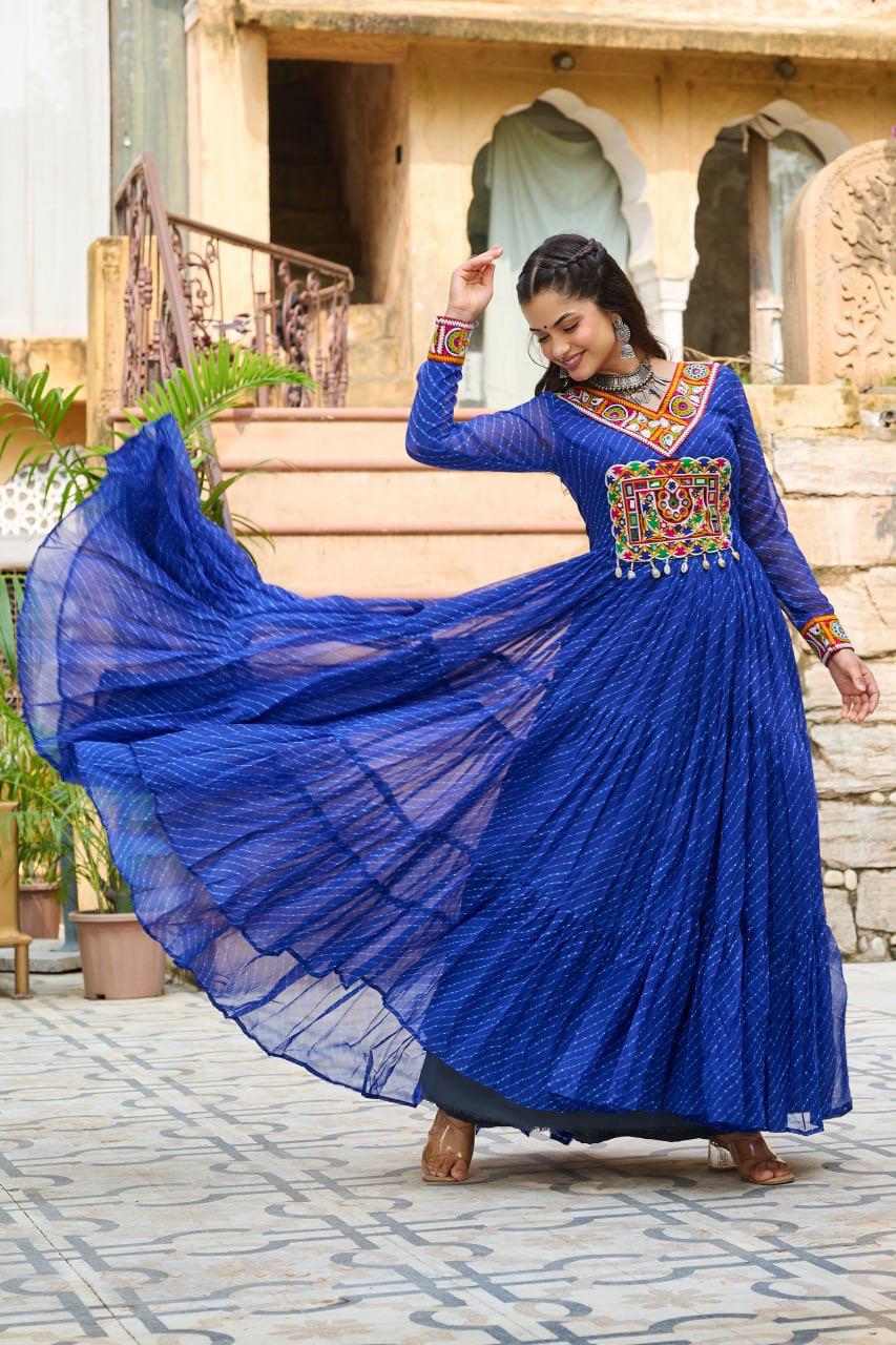 NAVRATRI SPECIAL BLUE LAHERIYA ANARKALI GOWN WITH KUTCHI WORK