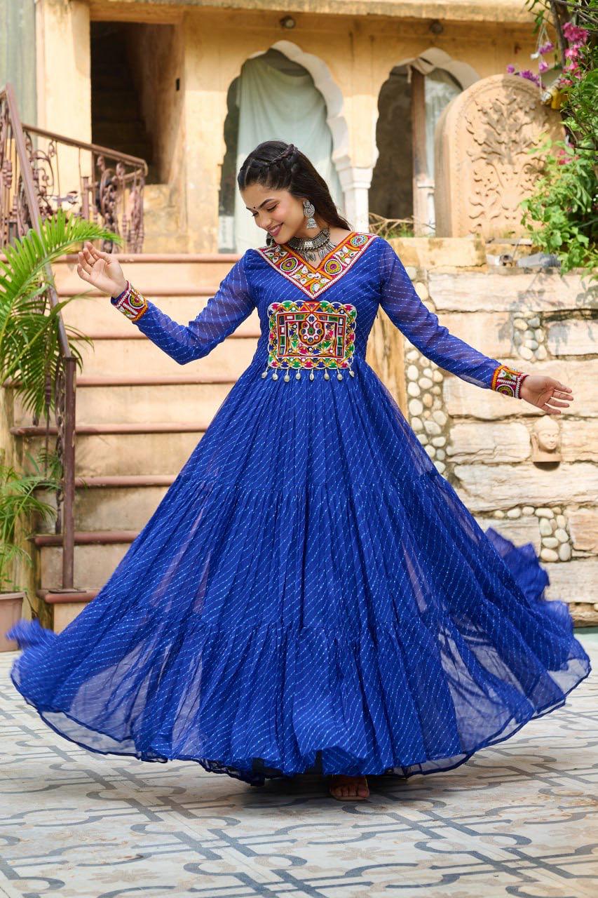 NAVRATRI SPECIAL BLUE LAHERIYA ANARKALI GOWN WITH KUTCHI WORK