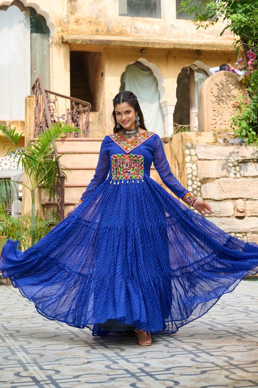 NAVRATRI SPECIAL BLUE LAHERIYA ANARKALI GOWN WITH KUTCHI WORK