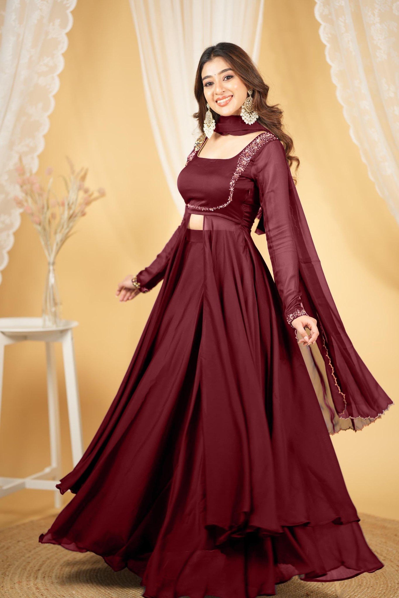 PREMIUM HANDWORK WINE LEHENGA SET IN PURE RANGOLI SILK