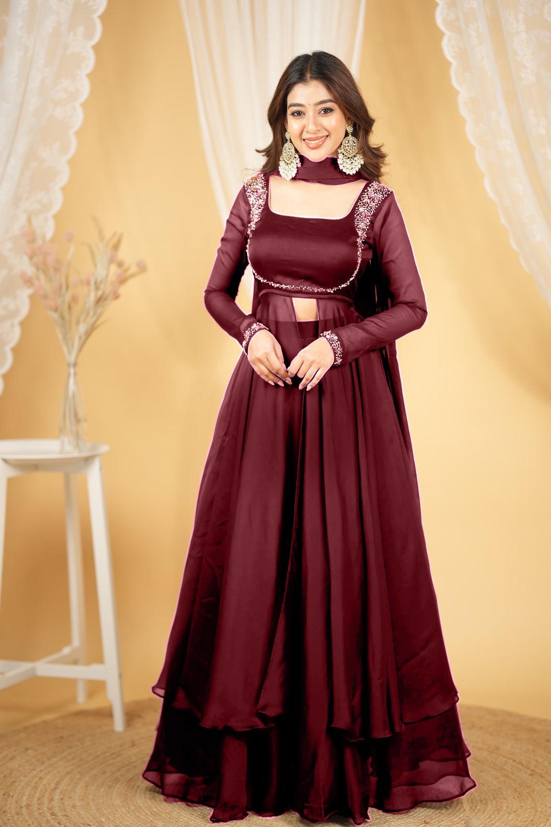 PREMIUM HANDWORK WINE LEHENGA SET IN PURE RANGOLI SILK