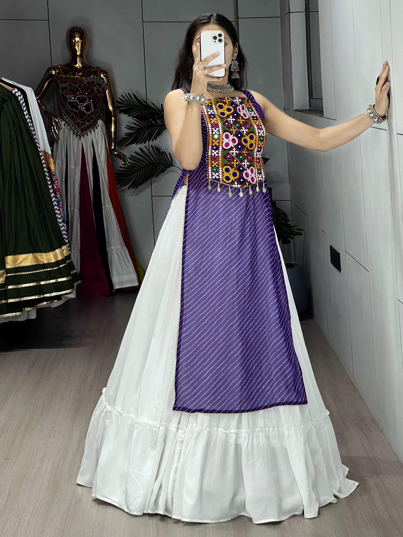 NAVRATRI SPECIAL LEHERIYA PRINT PURPLE KURTIS WITH TRADITIONAL LEHENGA SET