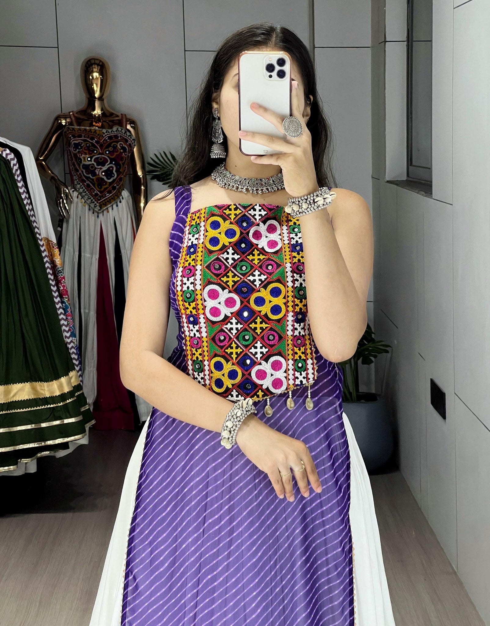 NAVRATRI SPECIAL LEHERIYA PRINT PURPLE KURTIS WITH TRADITIONAL LEHENGA SET
