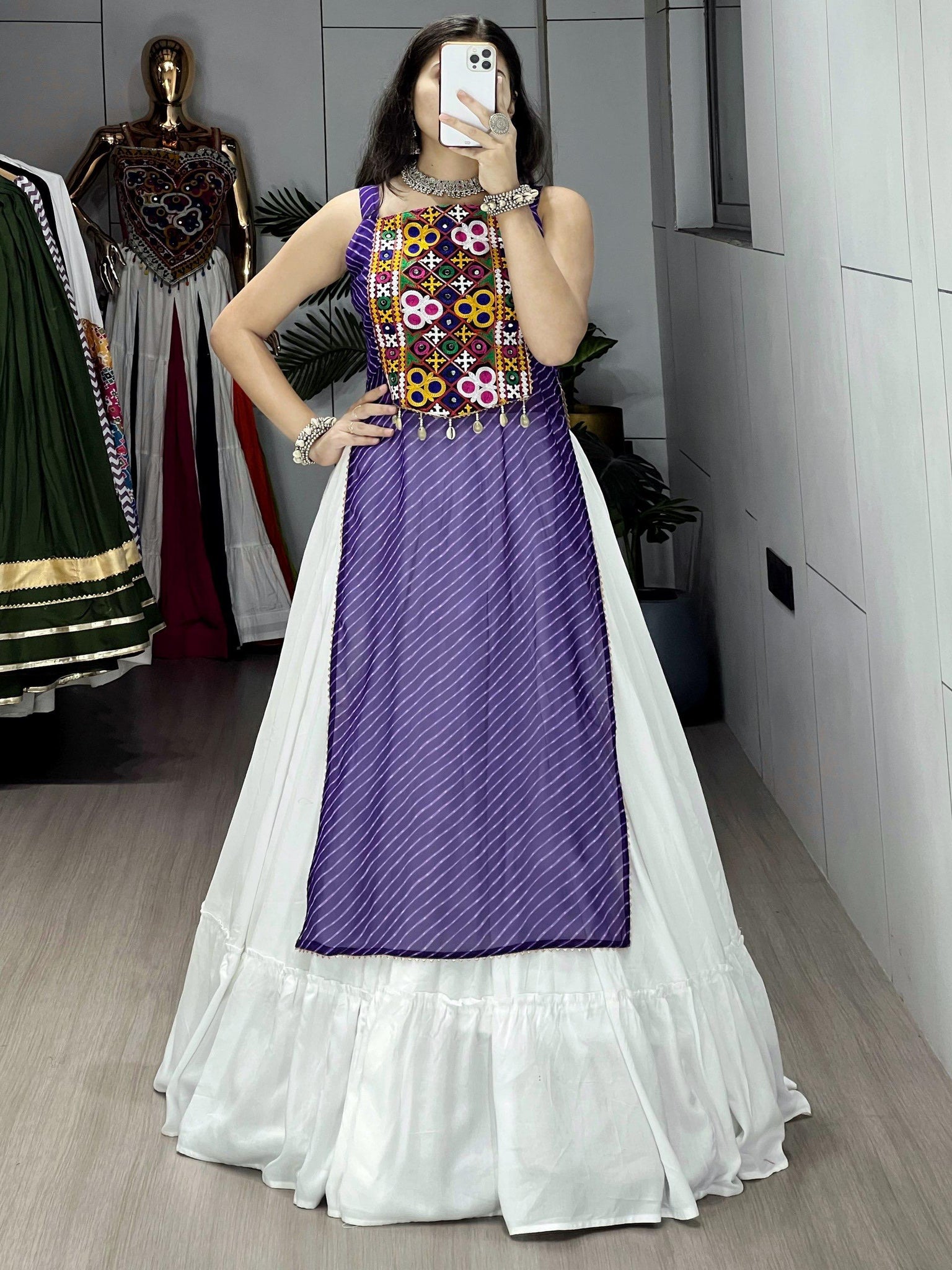 NAVRATRI SPECIAL LEHERIYA PRINT PURPLE KURTIS WITH TRADITIONAL LEHENGA SET