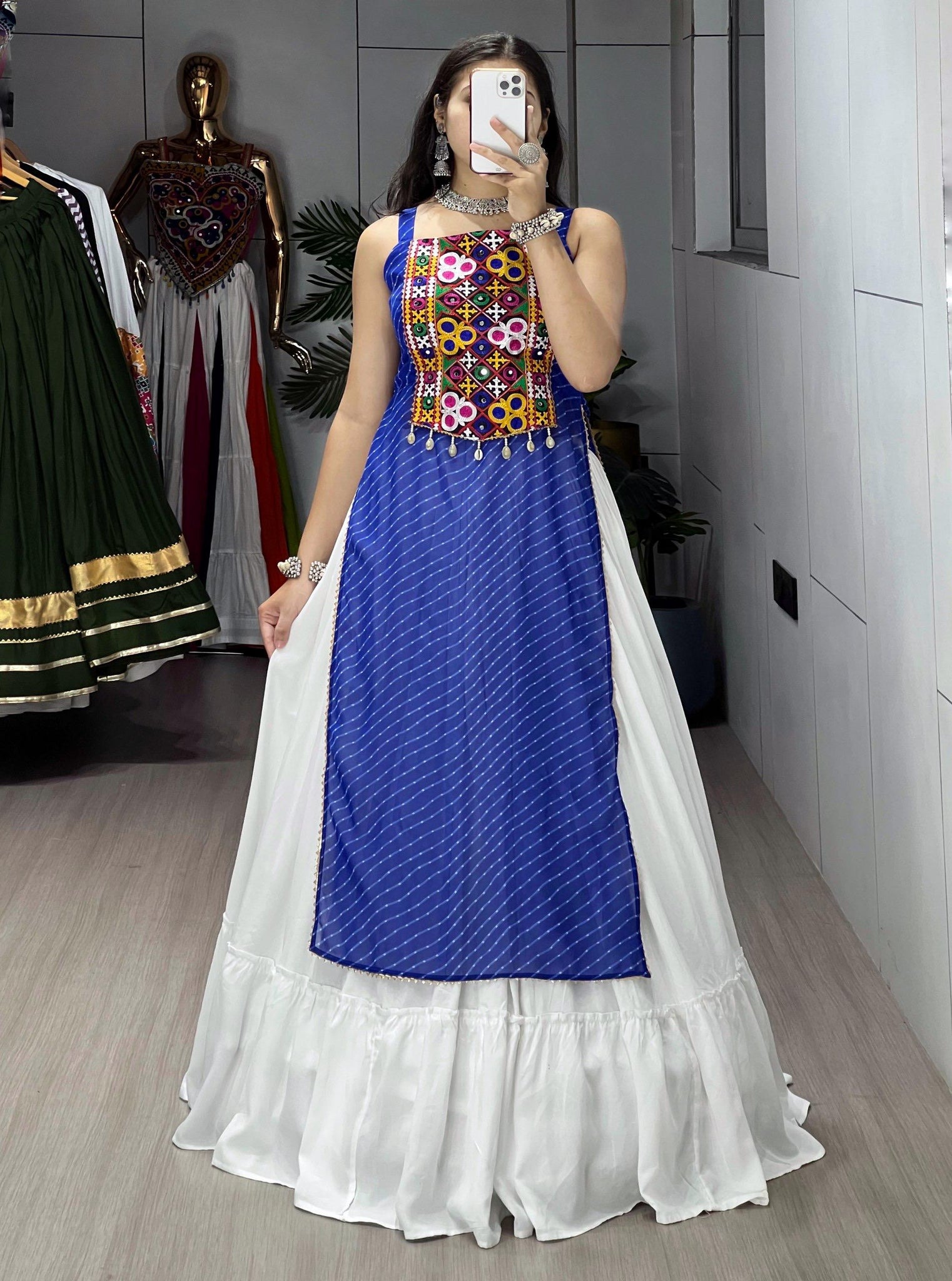 NAVRATRI SPECIAL LEHERIYA PRINT BLUE KURTIS WITH TRADITIONAL LEHENGA SET